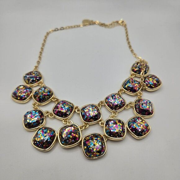 Betsey Johnson Liz Claiborne Rainbow Sparkle Bib Necklace Earrings Gold Tone Set - Picture 4 of 12